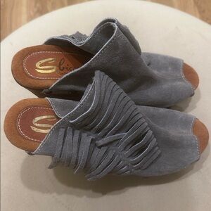 Sbicca Gray Fringe Open-Toe Mules